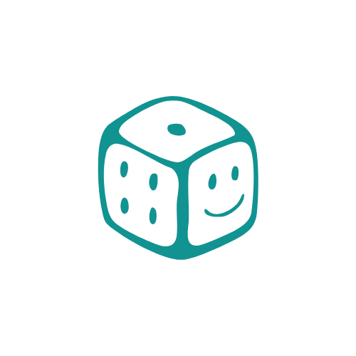 Teal dice icon with a smiley face on a white background