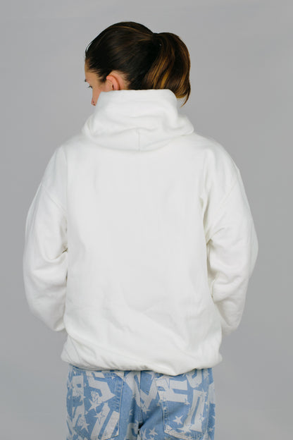 Person wearing a white Chances hoodie with a grey background