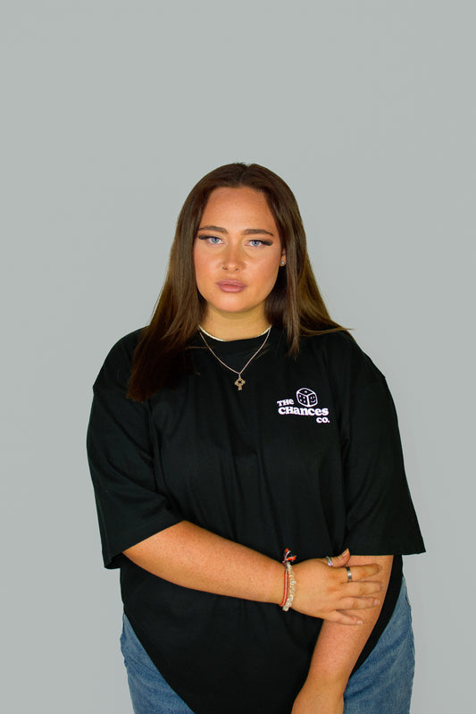 Person wearing a black t-shirt with a white smiley dice logo and "the chances co" written next to it stood on a gray background